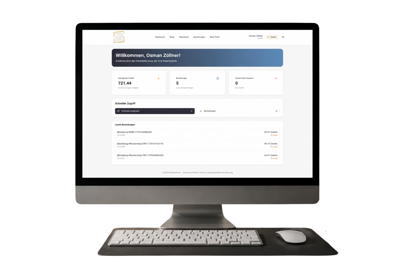 Dashboard eines PTM Protex Mitarbeitershops mit Budget- und Bestellübersicht